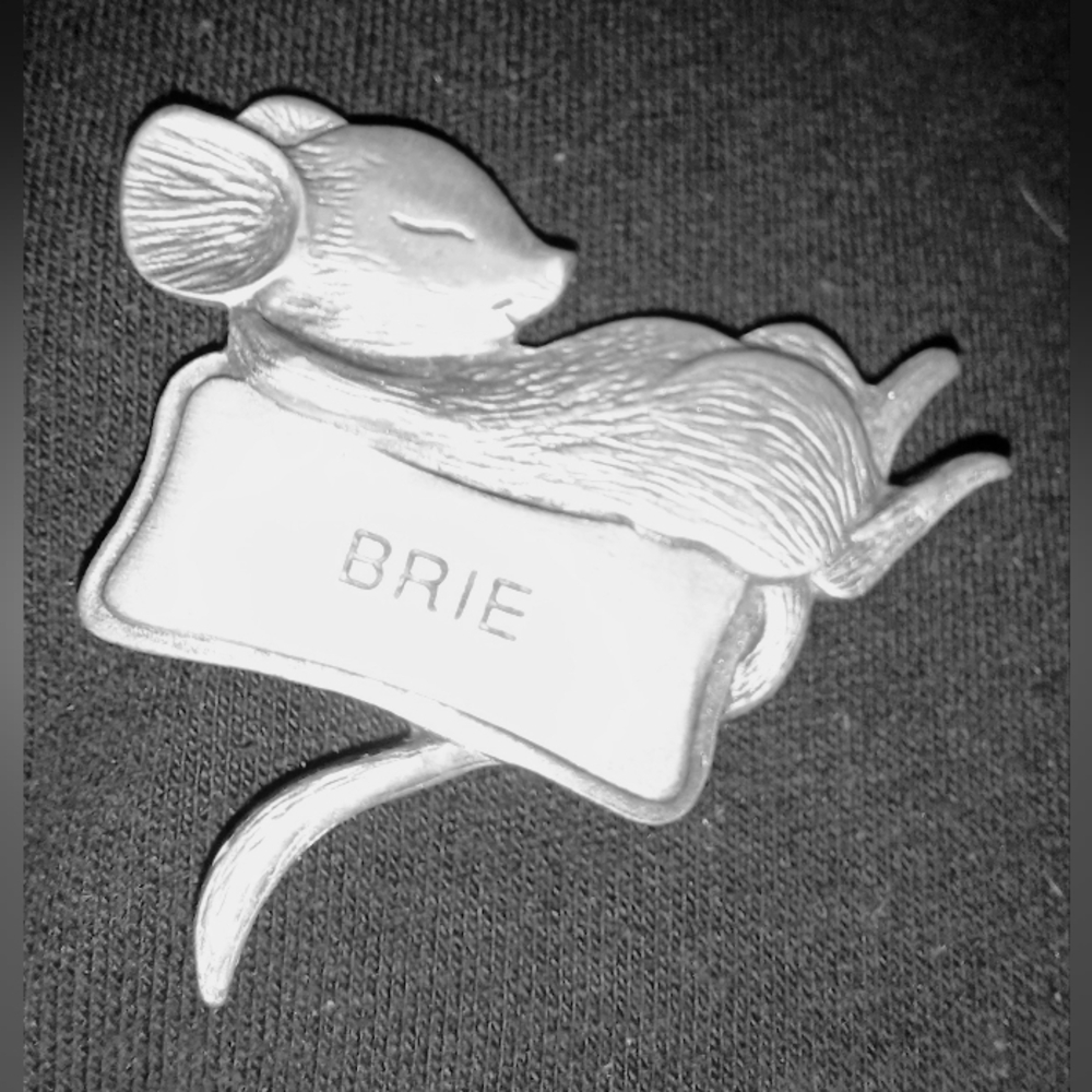 Pewter Mouse Brooch with "BRIE" Plaque